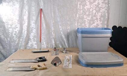 (2l Miter Saws, (4) Assorted Trowles, (1) Squeegee & (5) Sterilite Storage Bins W/ Lids