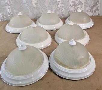 (7) Contemporary 11-Inch, 2-Bulb Ceiling Light Fixtures, Ribbed Frosted Glass Dome Frosted/White Finish
