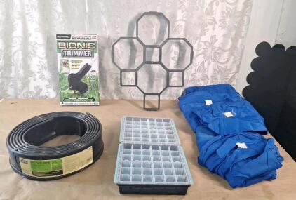 (1) Bell & Howell Bionic Trimmer, (1) 20-Foot Roll Of Plastic Edging, (2) Burpee Seed Starter Trays, (1) Set Of (14) Outdoor Furniture Cushion Covers & (1) Concrete Path Maker Mold