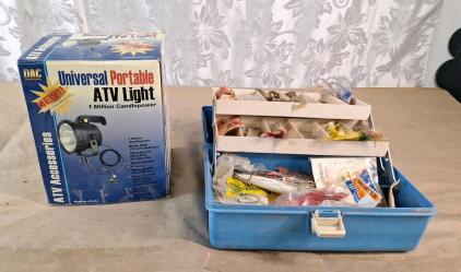 (1) Universal Portable ATV Spotlight & (1) Fishing Tackle Box W/ Assorted Lures
