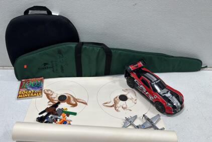 Trekker Rifle soft case and Mixed Toy and Collectible Lot: Corvette C6R, Diecast WWII Planes, LEGO, Book,