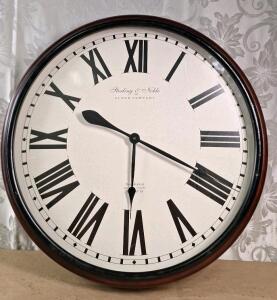 (1) Large 29" vlVintage Sterling & Noble Clock Company Round Wall Clock, Featuring a Wood Frame & Roman Numerals, Battery Operated