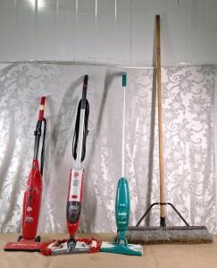 (1) Dirt Devil Versa Power Vacuum, (1) Dirt Devil Vac+Dust Vacuum, (1) Swiffer Mop & (1) Pushbroom