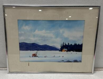 Original Watercolor Landscape by Lucy Dunn &ndash; Framed Winter Mountain Scene