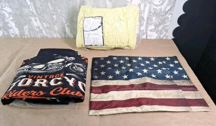 (1) 6 x 8 Foot Foux Fur Area Rug, Yellow, (1) 3-Piece Vintage Motorcycle Sheet Set, Twin & (2) 18" x 18" American Flag Throw Pillow Covers