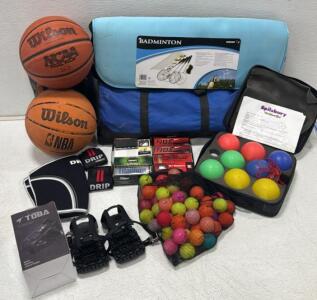 Mixed Sports Equipment Lot: Wilson Basketballs, TOBA Pedal Adapters, Bocce Set, Badminton Gear