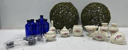 Lot &ndash; 5 Blue Glass Pump Bottles 8oz, 2 Moss Wire Decor Balls, 9 Mini Rose Porcelain Pieces