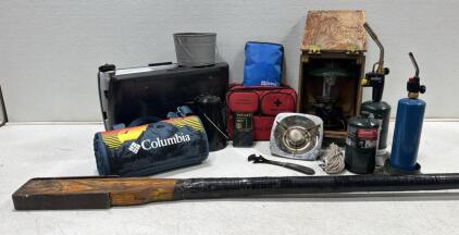 Coleman 2-Burner Propane Camping Equipment Lot. Camping Stove, 20,000 BTU, Adjustable Wind Block, Regulator Included, vintage lanterns