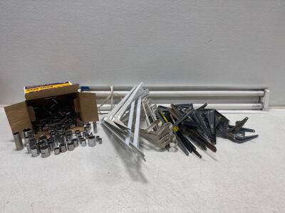 Mixed Chrome Vanadium SAE & Metric Sockets, 1/4" & 3/8" Drive, 6 & 12-Point many different sizes, Boxed , 1 light ballast( tested and working) and an assortment of shelving brackets.