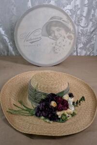 (1) Vintage Victorian Trading Co. Hat Box & (1) Vintage Straw Sun Hat