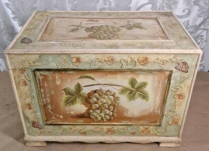 (1) Vintage Wooden Storage Box Features Hand-Painted Grape Motifs & Dimensional Scrollwork.