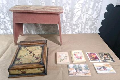 (1) Ornate Alcott Wooden Lap Desk W/ Pen Rest, Assorted Unused Greeting Cards & (1) Vintage Wooden Bench