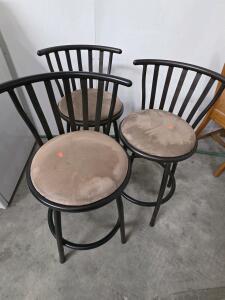3 Metal Bar Stools, Black Frame, Beige Microfiber Seat, Slat Back, 29" Seat Height