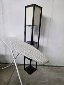 Black Floor Lamp with Shelves, 63" Tall, Pull Chain Switch, Striped Folding Ironing Board 54"