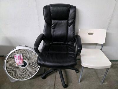 Black High-Back Faux Leather Executive Swivel Chair, Adjustable Height, Tilt & Padded Armrests & Plastic Chair & Fan