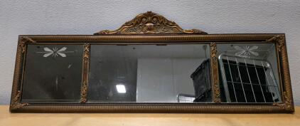 Victorian Ornate Gold Tri-Panel Wall Mirror with Floral Crest and Etched Glass, 43"x16"