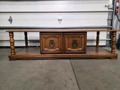 Vintage Wooden Coffee Table 58" w/ Storage Cabinets, Ornate Hardware, 1970s Style