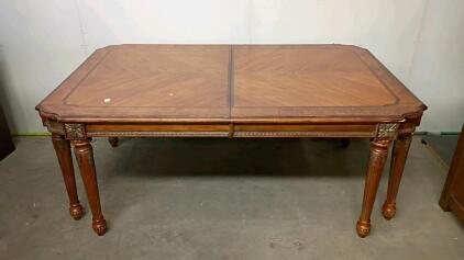 Ornate Rectangular Solid Wood Dining Table, Carved Floral Legs, Inlaid Top, c.1920s&ndash;40s, 72"x40"