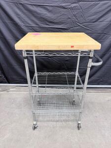 Mobile Kitchen Utility Cart with Wooden Top, Metal Frame, and Wire Shelves