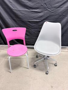 Pink Stacking Chair and Grey Swivel Office Chair, Polypropylene, Steel/Chrome Bases, Adjustable Height