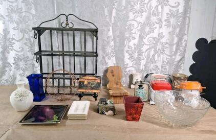 (1) 3-Tier Decorative Metal Shelf, Assorted Table Decor & (5) Scented Wax Warmers