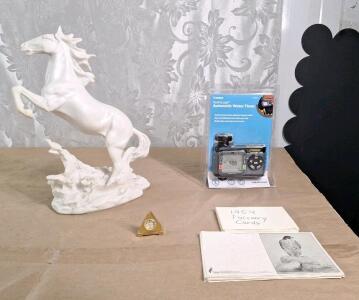 (1) 15" White Composite Stallion Horse Statue, (1) Small Vintage Brass Clock, (12) 1954 British Falconry Collector Cards & (1) Automatic Digital Hose Watering Timer