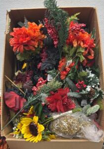 Bulk Artificial Fall Winter Floral Stems & Shelf Brackets Lot &ndash; Sunflowers, Poinsettias, Rails
