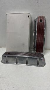 Polished Aluminum Finned Valve Covers Red Fins Chevy Small Block V8 1959&ndash;1986 Tall 7 Bolt Pair