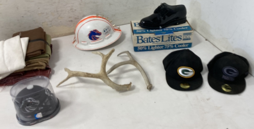 BSU Helmet Mini, Bronco Fan Hard Hat, Bates Lites Shoes, (2) Greenbay Packers Hats, & More