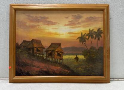 Framed Filipino Oil Painting by Bernally &ndash; Rural Nipa Huts Landscape at Sunset, Printonsign Manila
