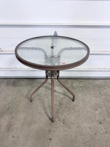 Round Glass Outdoor Patio Side Table, 20" Diameter, Metal Frame, Umbrella Hole
