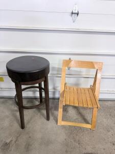 Padded Bar Stool, Wood Frame, Footrest, and Wooden Folding Chair &ndash; Indoor Seating, Set of 2