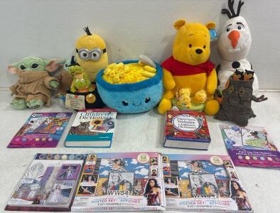 (10) Kids canvas painting sets for miscellaneous franchises( Wonder Woman, frozen, Disney princess, my little pony), Plush Grogu, minions character, Mac and cheese stuffie, Winnie the Pooh and more plushies.