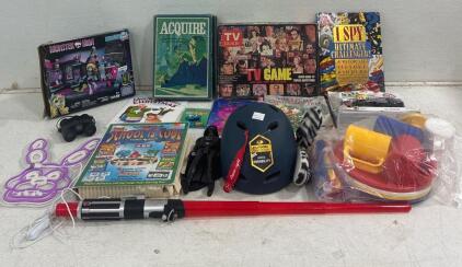 MEGA BLOKS Monster High building set,, Boardgames ( TV Guide Tv game, Acquire), Darth Vader Figurine, Plastic Children&rsquo;s Dining set, scholastic book set, 5 nights at Freddy&rsquo;s neon sign ( tested , does not work). And more!
