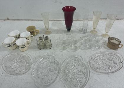 Assorted Glass wear sets, (4) Fern patterned Serving Tray, (4) Glass Teacups, (4) Glass Giblet, (3) Owl Sandblasted Drinking glasses, (4) porcelain coffee cups and many more.