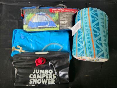 2 Person tent, sleeping bag, and water items