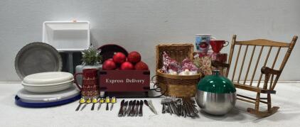 Mixed Lot - Household & Holiday Decor, Flatware, Miniature Rocker