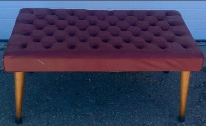 B Mid-Century Modern Tufted Upholstered i Bench, Burgundy Vinyl, Wooden Tapered Legs, estimated to be 48"x16&rdquo;. Inspect in person