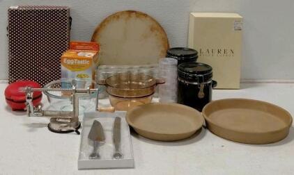 Kitchenware & Bakeware Lot: Mini Waffle Maker, Lauren Ralph Lauren Dish Set, EggTastic Cooker, 18+ Pieces
