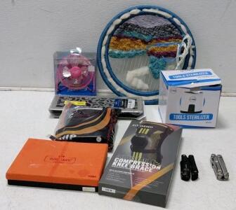 Assorted Consumer Goods & Tools Lot &ndash; Fit Geno Knee Brace, Mini Fan, Multitools, Decor