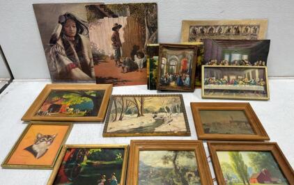 Lot of Framed and Unframed Art Prints and Paintings, Jim Daly, Native American, The Last Supper