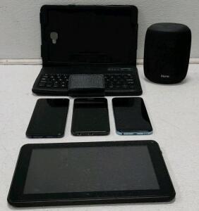 iHome Speaker, Tablet Case With Keyboard, Polaroid Tablet and 3 Phones (Everything Turns On)