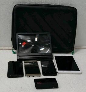 Samsung Tablet, Tablet Case, Portable Hotspot, Magnifying Glass, and 3 Phones (Everything Turns On)