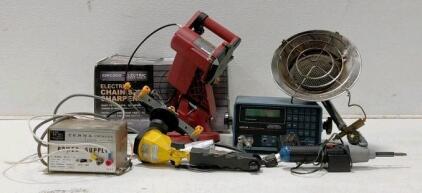 Electric Chain Saw Sharpener (Turns On), Filtered Power Supply (Turns on), and More (Other Items Cannot Be Tested or Don't Turn On)