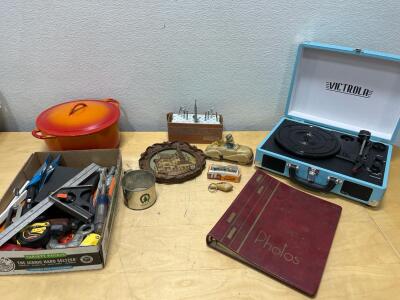 Mixed Brand Hand Tool Box &ndash; Craftsman 12ft Tape, Lufkin Square, Screwdrivers, Pliers, 20+ Pieces, vintage ceramic pot, antique Donald Duck toy car, Victoria record player, photo album, plus more