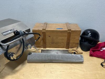 Wooden Box, Nextgrill BbQ, Bell Motorcycle Helmet, Screen.