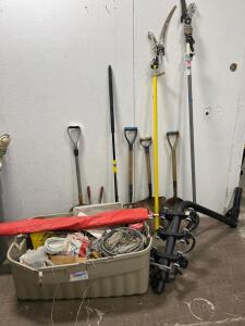 (Pallet) of electric fence wiring and parts, shovels, pitch forks, bicycle rack, trimmer, (2) pole saws.