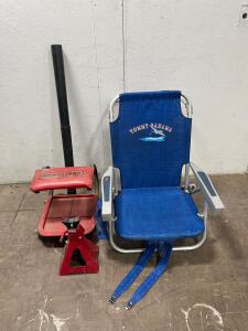 Pop-up Fire Pit Tri-Fold Grill Grates, Craftsman Shop Chair, Tony Bahama Chair, Dishes and Kitchenware