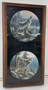 Hamilton Collection Kevin Daniel Wolf Plate Set "Howling Lesson" & "First Outing" Framed 22"x10.5"