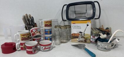 Vintage Campbell's Soup Mugs, Back to Basics Cherry Stoner, Assorted Kitchenware Lot